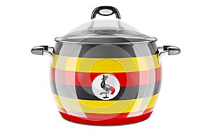 Ugandan national cuisine concept. Ugandan flag painted on the stainless steel stock pot. 3D rendering