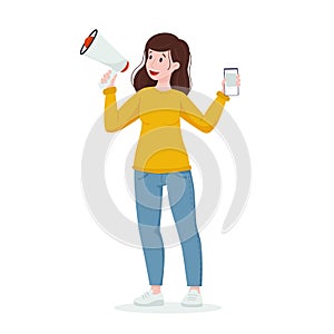 UGC concept. Woman speaks into a megaphone with a phone in her hands. Content creation, reviews.