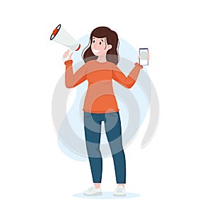 UGC concept. Woman speaks into a megaphone with a phone in her hands. Content creation, reviews.