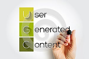 UGC User Generated Content - specific content created by customers and published on social media or other channels, acronym text