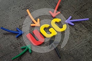 UGC, User generated content using in brand communication online advertising concept, multi color arrows pointing to the word UGC