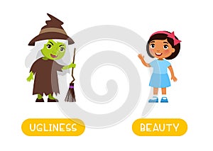 UGLINESS and BEAUTY antonyms word card, Opposites concept.