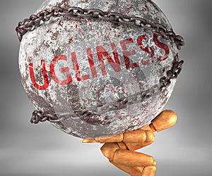 Ugliness and hardship in life - pictured by word Ugliness as a heavy weight on shoulders to symbolize Ugliness as a burden, 3d