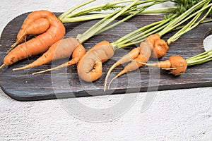 Ugly carrot roots lie on a wooden cutting Board on a light background. Copy space