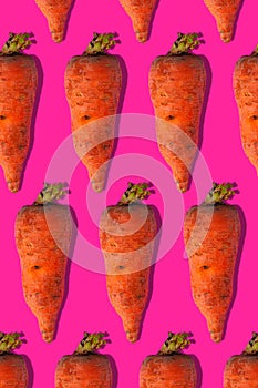 Ugly carrots regular pattern with shadows pastel background. Big deformed vegetables on pastel background.Trendy flatlay