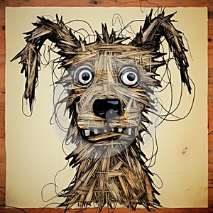 Ugly Cartoon Dog Poster: Straw Art In The Style Of Art Spiegelman