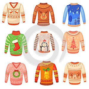 Ugly christmas pullover. Tacky sweater xmas print, cozy knitted pajamas holiday jumpers winter tree pattern strange knit