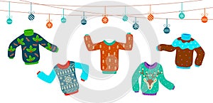 Ugly christmas sweater. Dancing knitting sweaters, xmas jumpers vector winter holiday party invitation card