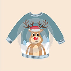 Ugly christmas sweater with deer pattern. Vector Illustration, isolated on beige background