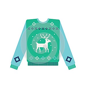 Ugly christmas sweater with knitted deer and snow