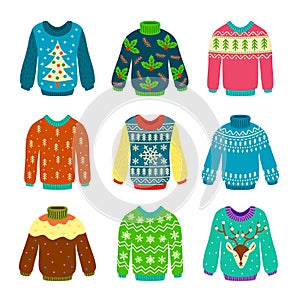 Ugly christmas sweater. Knitted jumpers with winter patterns, snowflakes and deer. Xmas funny cozy clothes. Isolated