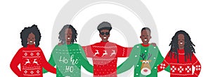Ugly Christmas Sweater Party. Happy young black people in red and green Christmas sweaters