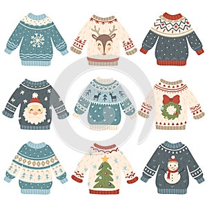 Ugly christmas sweaters. Cartoon cute wool jumper. Knitted winter holidays sweater with funny snowman, Santa and Xmas photo