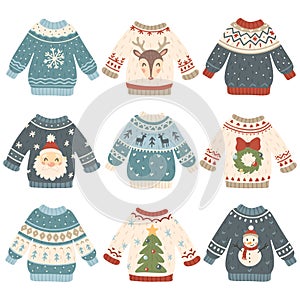 Ugly christmas sweaters. Cartoon cute wool jumper. Knitted winter holidays sweater with funny snowman, Santa and Xmas tree vector