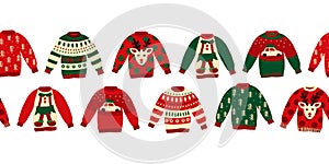 Ugly Christmas sweaters seamless vector border. Knitted winter jumpers with norwegian ornaments and decorations. Holiday design