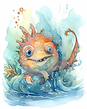 Ugly but cute cartoon sea monster, water color childrens illustration in bright colors