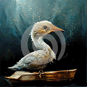 The ugly duckling waiting on a piece of wood, collage art, ai generated image