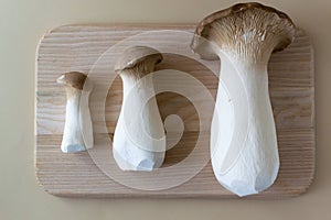 Ugly eringi mushrooms on a wooden cutting board on a pastel background.