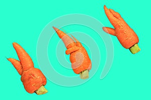 Ugly food. Deformed carrots on trendy aqua turquoise background.Food waste problem concept.Minimal flatlay,pop art style