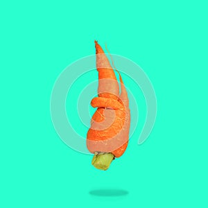 Ugly food. Deformed carrots on trendy aqua turquoise background.Food waste problem concept.Minimal flatlay,pop art style
