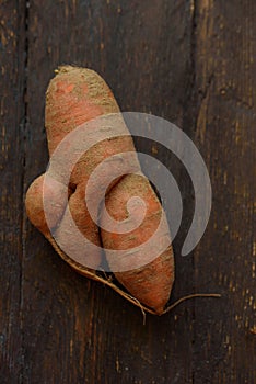 Ugly food. Deformed organic carrot on wooden background. Misshapen produce, food waste problem concept. Minimal style. Flat lay.