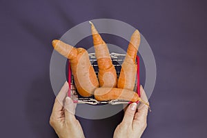 Ugly food. Deformed organic carrots on a purple background. Food waste concept in food basket. Minimalism, pop art. Flat lay