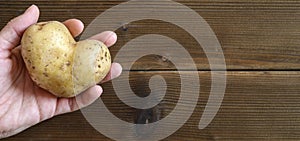 Ugly food. woman`s hand holding ugly vegetable a heart shaped potato on a wooden plank table. space for text.