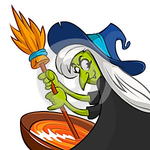 Ugly Halloween Witch Preparing A Potion. Vector illustration of a cartoon witch stirring her spooky brew