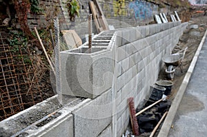 Ugly holding a road notch of a bridge forecourt tunnel. retaining wall with concrete grouting is covered with fake, optically pret photo