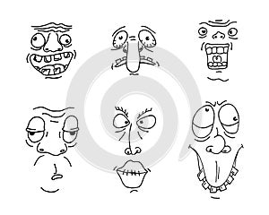 Ugly man face drawing sketch set. Hand drawn outline doodle cartoon freak character grimace collection. Different crazy