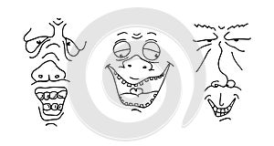 Ugly man face drawing sketch set. Hand drawn outline doodle cartoon freak character grimace collection. Different crazy