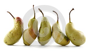 Ugly produce concept. Strangely shaped organic pears in row isolated on white background
