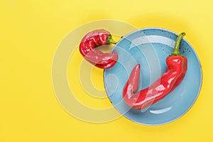 Ugly red chili peppers on a turquoise plate on a yellow background, minimal style of nature, pop art, creative food concept,