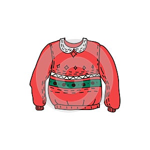 Ugly Red Sweater in the doodle style. Funny Christmas clothes. Vector hand-drawn illustration.