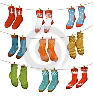 Ugly socks collection. Christmas socks for party, invitation, greeting card in cartoon style. Ugly sweater party elements. Vector
