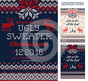 Ugly Sweater Christmas Party cards. Knitted pattern. Scandinavia