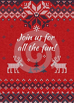 Ugly sweater Christmas party invite. Knitted background pattern