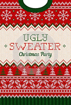 Ugly sweater Christmas party invite. Knitted background pattern scandinavian knitting ornaments