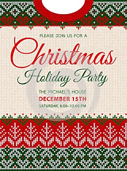 Ugly sweater Christmas party invite. Knitted background pattern scandinavian ornaments