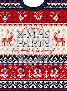 Ugly sweater Christmas party invite. Knitted background pattern scandinavian ornaments