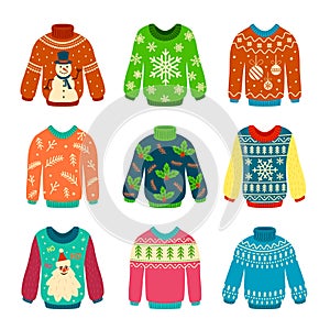 Ugly sweater. Knitted jumpers with christmas patterns, snowman and santa claus. Xmas scrapbook elements vector set photo