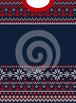 Ugly sweater Merry Christmas and Happy New Year greeting card frame border . Vector illustration knitted background seamless