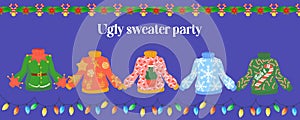 ugly sweater party banner. Christmas winter sweaters with different ridiculous design, DIY vibe.