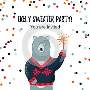 Ugly sweater party design cad invitation with a cute polar bear. Space for text