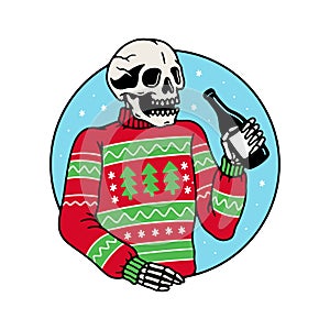 UGLY SWEATER PARTY SKELETON WITH BOTTLE COLOR WHITE
