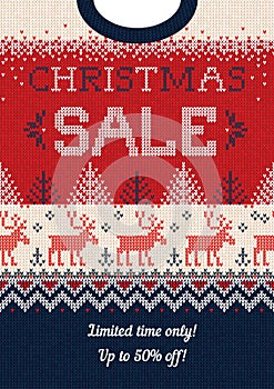 Ugly sweater Season Christmas Sale Poster. Knitted background pa