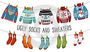 Ugly sweaters and socks collection. Christmas socks and sweaters for party, invitation, greeting card in cartoon style. Ugly