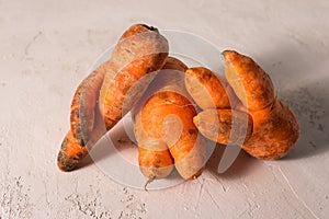 Ugly vegetables, carrots on a light background.funny monster carrot The concept of non-waste production in the food industry