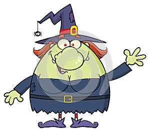 Ugly Witch Cartoon Mascot Character Waving For Greeting