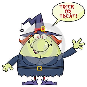 Ugly Witch Cartoon Mascot Character Waving With Speech Bubble And Text Trick Or Treat